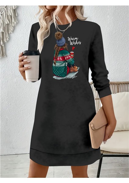 Runiquehome Kadın Uzun Kollu Bisiklet Yaka Desenli Viskon Iki Iplik Elbise