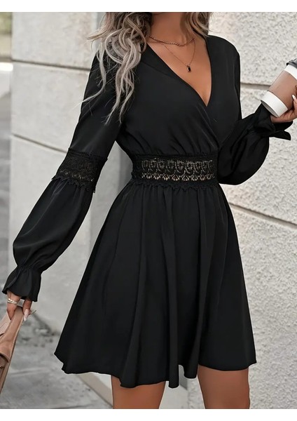 Runiquehome Kadın Uzun Kollu Kruvaze Yakalı Dantelli Fermuar Detaylı Kısa Ithal Krep Elbise modelleri