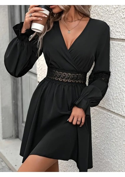 Runiquehome Kadın Uzun Kollu Kruvaze Yakalı Dantelli Fermuar Detaylı Kısa Ithal Krep Elbise