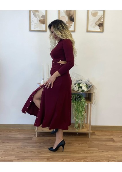 Runiquehome Kadın Uzun Kollu Çıtçıtlı Viskon Krop Bluz ve Yırtmaçlı Etek Istenildiğinde Elbise Olan Ikili Takım