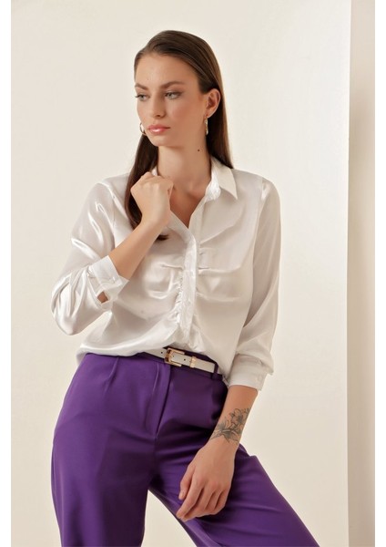 Runiquehome 20112 Büzgülü Saten Gömlek - Beyaz