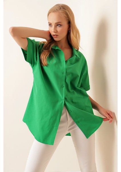 Runiquehome 20120 Oversize Kısa Kollu Gömlek - Yeşil fırsatları