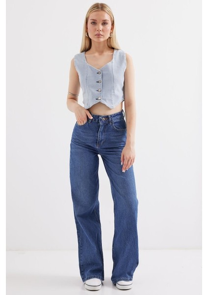 Runiquehome 6797 Crop Kot Yelek - Mavi