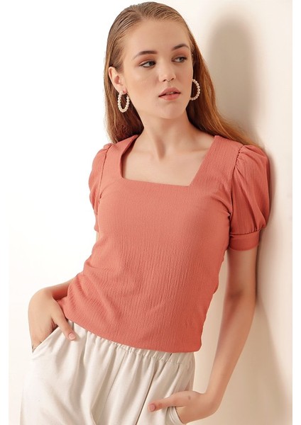 Runiquehome 0409 Kare Yaka Örme Bluz - Gül Kurusu modelleri