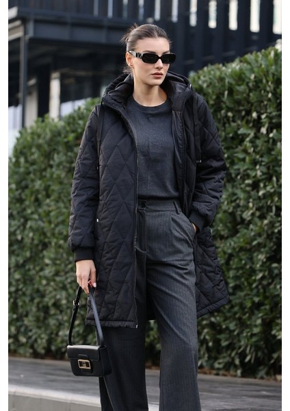 Runiquehome 5138 Kapitone Uzun Şişme Mont - Siyah indirimleri