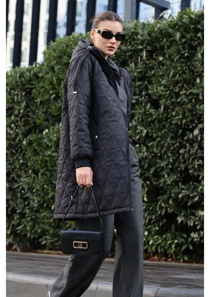 Runiquehome 5138 Kapitone Uzun Şişme Mont - Siyah