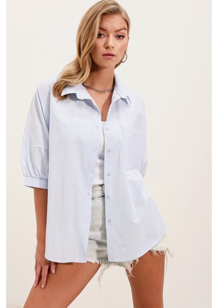 Runiquehome 20213 Oversize Kısa Kol Basic Gömlek - Bebe Mavi fırsatları