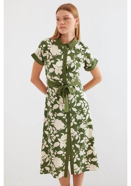 Runiquehome 2455 Desenli Gömlek Elbise - Haki
