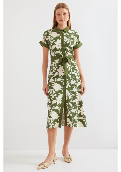 Runiquehome 2455 Desenli Gömlek Elbise - Haki