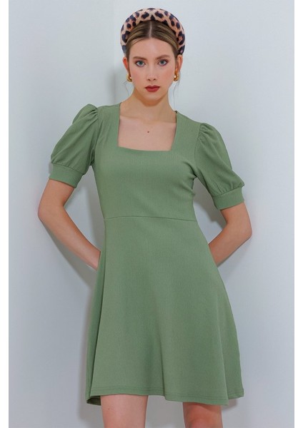 Runiquehome Çağla Yeşili Kare Yaka Örme Mini Elbise