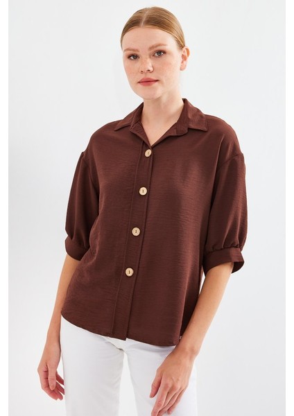 Runiquehome Kısa Kol Oversize Keten Gömlek 20240 - Kahverengi fiyatları