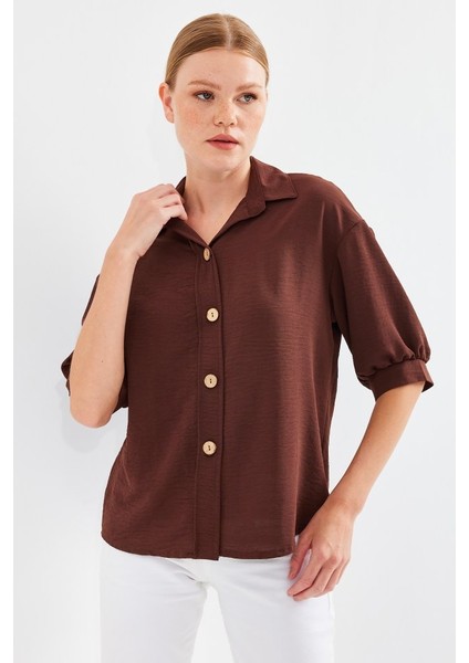 Runiquehome Kısa Kol Oversize Keten Gömlek 20240 - Kahverengi fırsatları