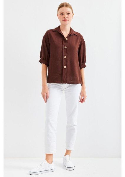 Runiquehome Kısa Kol Oversize Keten Gömlek 20240 - Kahverengi