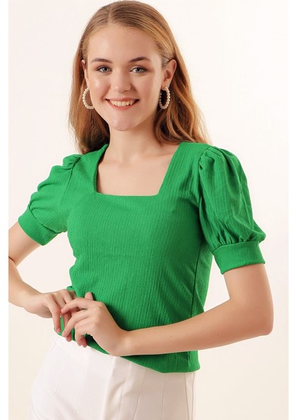 Runiquehome 0409 Kare Yaka Örme Bluz - Yeşil