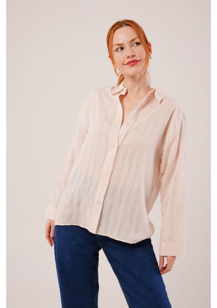 Runiquehome Düğmeli ve Çizgi Detaylı Krem Gömlek