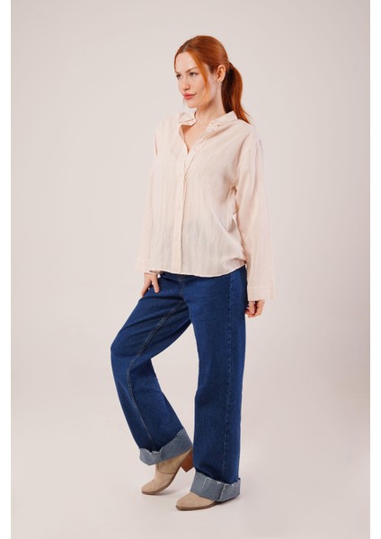 Runiquehome Düğmeli ve Çizgi Detaylı Krem Gömlek