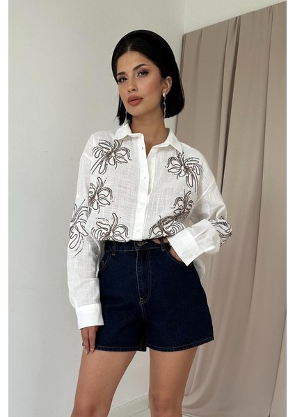 Runiquehome Beyaz Flamlı Keten Nakışlı Pullu Gömlek