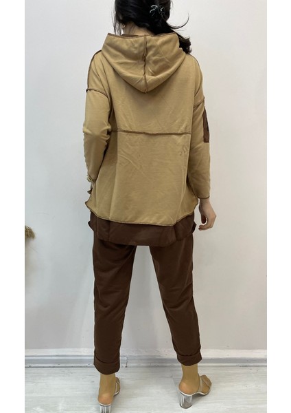 Runiquehome Kadın Kahve Kapşonlu Etek Ucu Detay Arma Ters Dikiş Gorunumlu Ikili Takım indirimleri