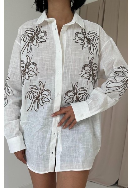 Runiquehome Beyaz Flamlı Keten Nakışlı Pullu Gömlek