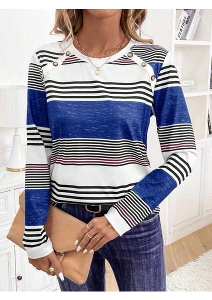 Runiquehome Kadın Uzun Kollu Bisiklet Yaka Düğme Detaylı Desenli Süprem Bluz