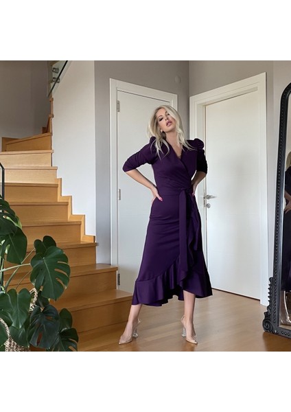 Runiquehome Krep Kumaş Midi Boy Kuşaklı Uzunkol Elbise fiyatları