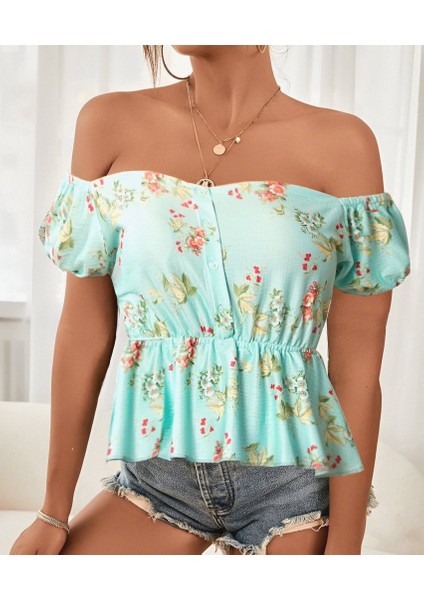 Runiquehome Kadın Kısa Kollu Madonna Yaka Çiçek Desenli Düğme Detay Gipeli Süprem Kumaş Bluz modelleri