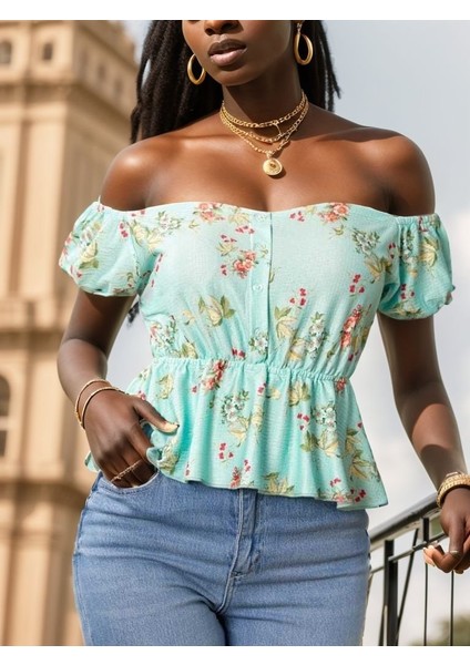 Runiquehome Kadın Kısa Kollu Madonna Yaka Çiçek Desenli Düğme Detay Gipeli Süprem Kumaş Bluz