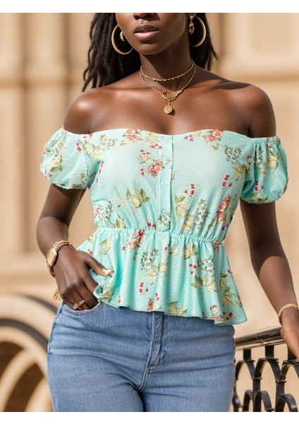 Runiquehome Kadın Kısa Kollu Madonna Yaka Çiçek Desenli Düğme Detay Gipeli Süprem Kumaş Bluz