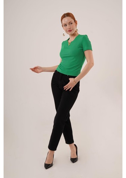 Runiquehome Kısa Kollu Yaka Detaylı Kaşkorse Yeşil Bluz fırsatları