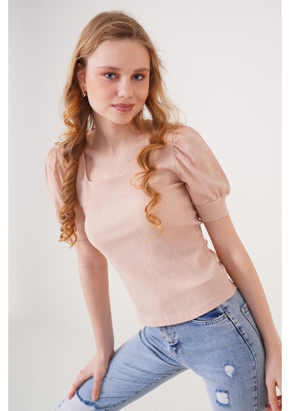 Runiquehome 0409 Kare Yaka Örme Bluz - Bisküvi