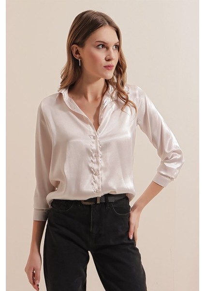 Runiquehome 3964 Hafif Dökümlü Saten Gömlek - Krem indirimleri