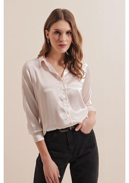 Runiquehome 3964 Hafif Dökümlü Saten Gömlek - Krem