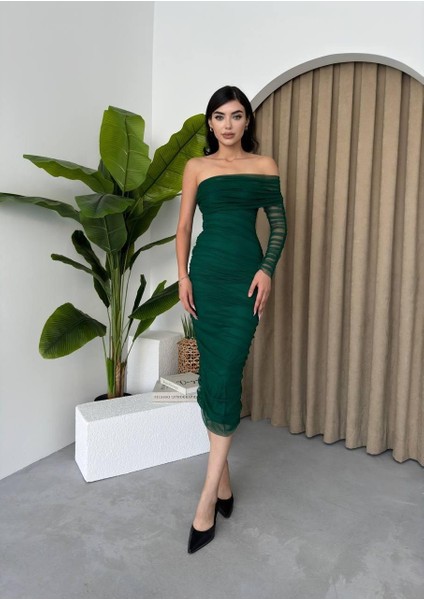 Runiquehome Polack Tek Omuz Tül Elbise