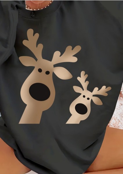 Runiquehome Kadın Yılbaşı Özel Uzun Kollu Bisiklet Yaka Geyik Desenli Viskon Iki Iplik Bluz fiyatları