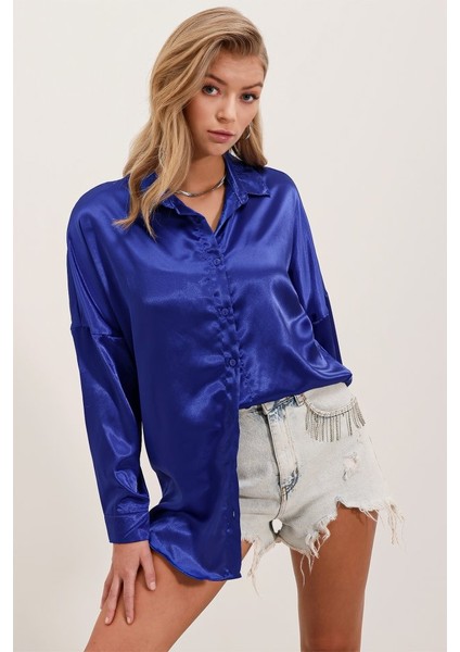 Runiquehome 3985 Oversize Saten Gömlek - Saks