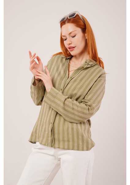 Runiquehome Düğmeli ve Çizgi Detaylı Yeşil Gömlek