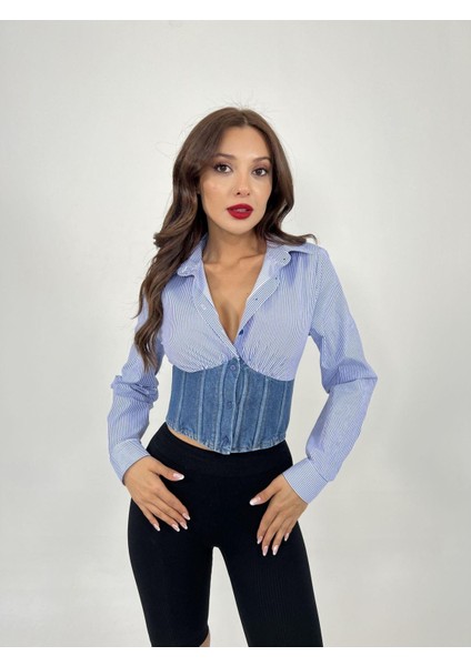Runiquehome 6963 Gömlek-Mavi Beyaz Çizgili