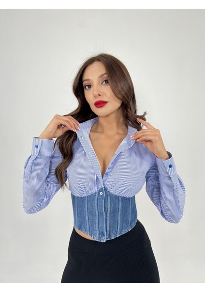 Runiquehome 6963 Gömlek-Mavi Beyaz Çizgili