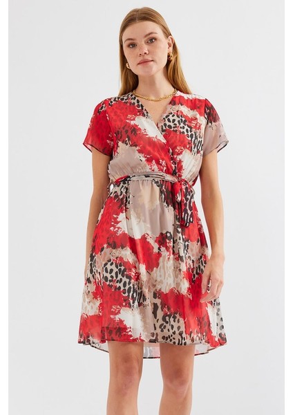 Runiquehome 2502 Kısa Kol Desenli Şifon Elbise - Kırmızı