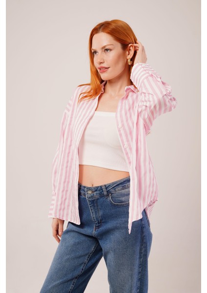 Runiquehome Çizgili Rahat Kesim Pembe Gömlek