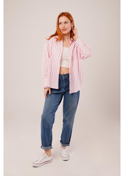 Runiquehome Çizgili Rahat Kesim Pembe Gömlek