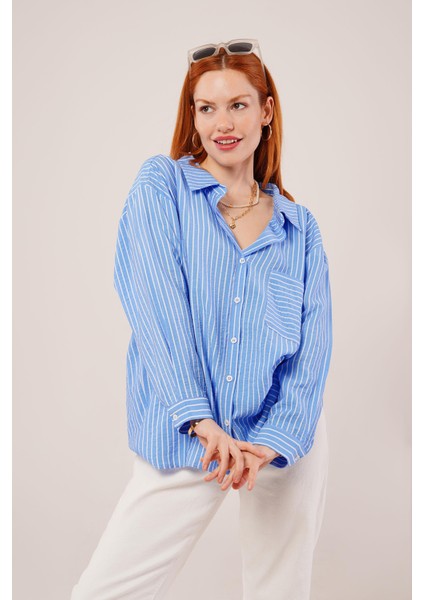 Runiquehome Çizgi Detaylı Cepli Mavi Gömlek modelleri