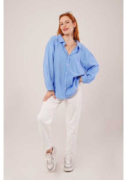 Runiquehome Çizgi Detaylı Cepli Mavi Gömlek