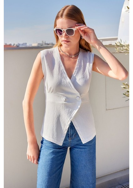 Runiquehome 916 Düğme Detaylı Örme Yelek - Beyaz