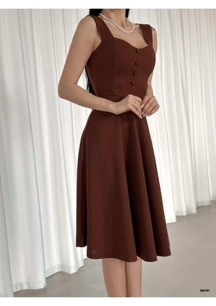 Runiquehome Kadın Krep Kumaş Askılı Kalp Yaka Düğme Detay Midi Boy Elbise indirimleri