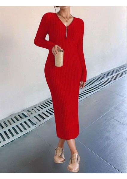 Runiquehome Kadın Uzun Kollu Fermuar Detay Fitilli Kaşkorse Kumaş Maxi Boy Elbise