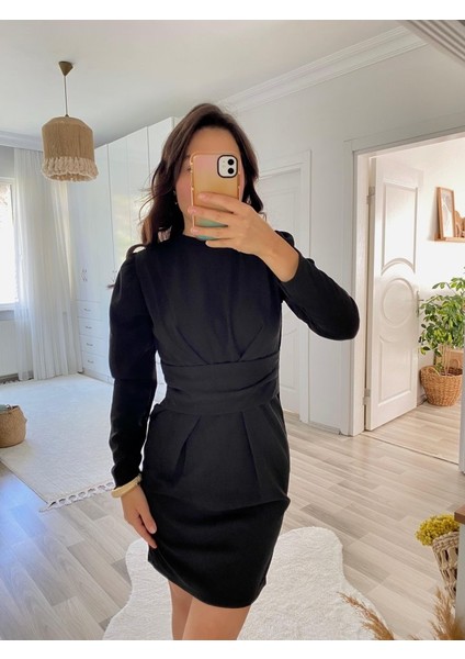 Runiquehome Kadın Uzun Kollu Bisiklet Yaka Bel Kemer Detay Ithal Krep Elbise