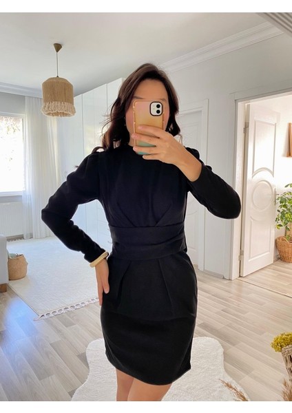 Runiquehome Kadın Uzun Kollu Bisiklet Yaka Bel Kemer Detay Ithal Krep Elbise modelleri