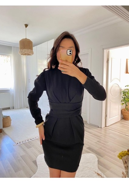 Runiquehome Kadın Uzun Kollu Bisiklet Yaka Bel Kemer Detay Ithal Krep Elbise fırsatları