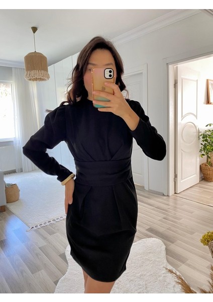 Runiquehome Kadın Uzun Kollu Bisiklet Yaka Bel Kemer Detay Ithal Krep Elbise indirimleri